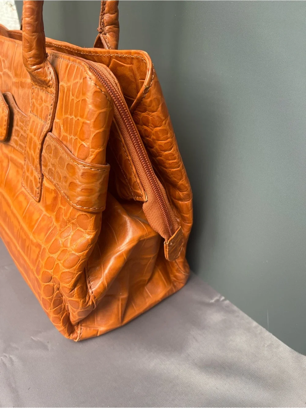 Vintage Michel Rome Croc-embossed Cognac Leather Satchel Handbag.
